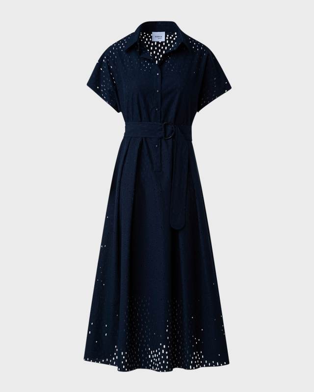 Lasercut Grid Cotton Poplin Dress with Belt